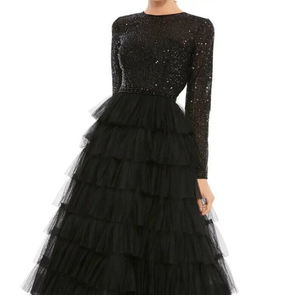 Mac Duggal Black Sequin Tiered Long Sleeve Tulle Dress - Picture 1 of 5